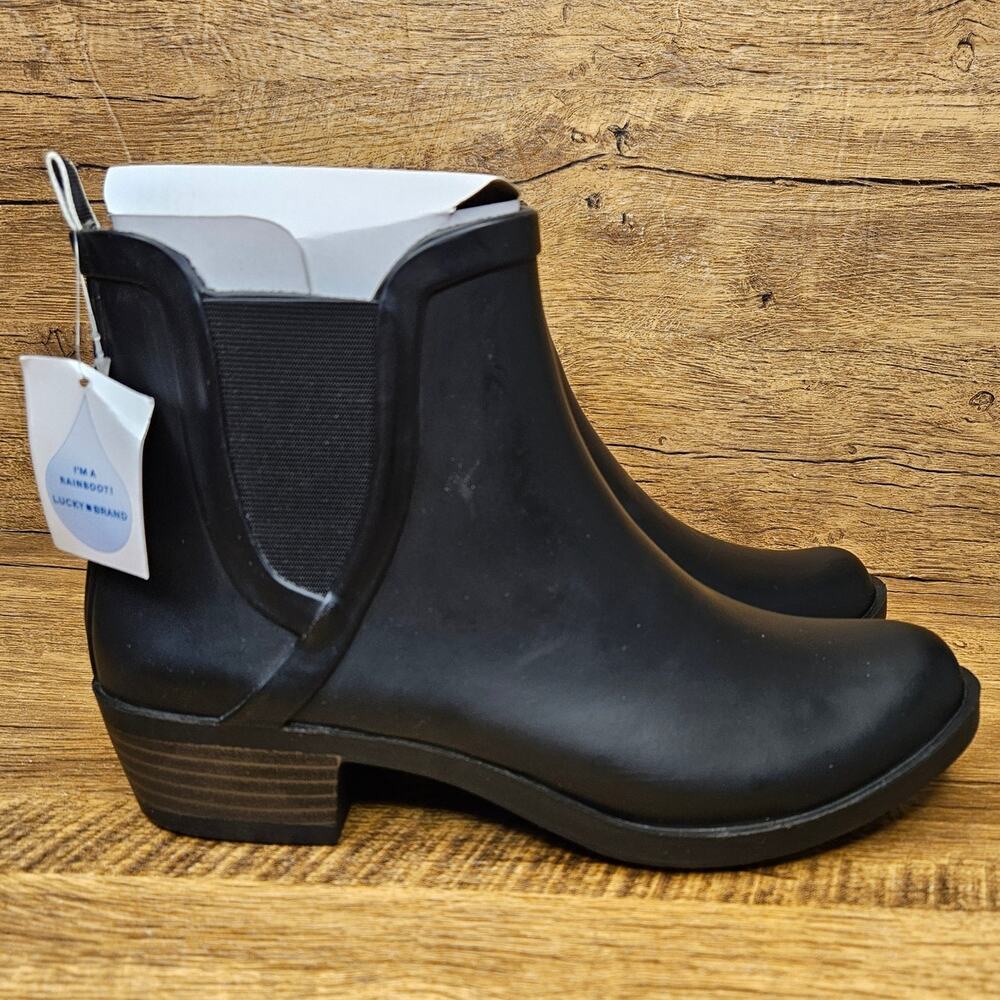 NWT Lucky Brand Basel Black Rubber ankle slip-on Rain boots 9M